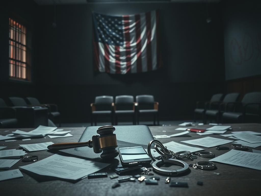 Flick International Chaos in a dimly lit courtroom with gavel, handcuffs, and gang symbols