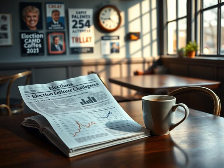 Flick International Serene coffee shop scene with empty table, steaming coffee, and open notebook reflecting polling data.