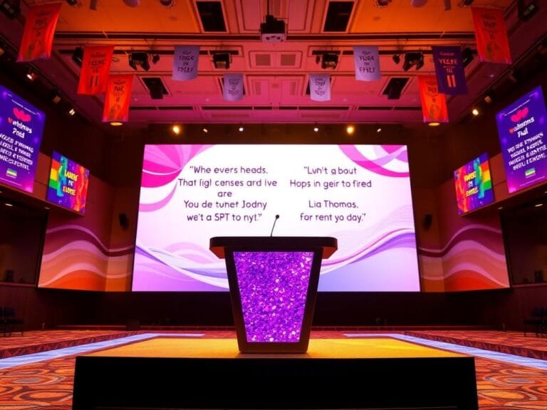 Flick International A vibrant awards ceremony honoring Lia Thomas with colorful LGBTQ+ banners and decorative podium