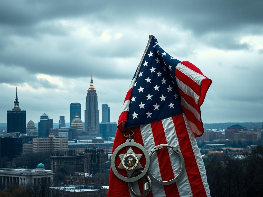 Flick International Dramatic cityscape of Ohio featuring Columbus and Cleveland landmarks with a weathered American flag in the foreground.