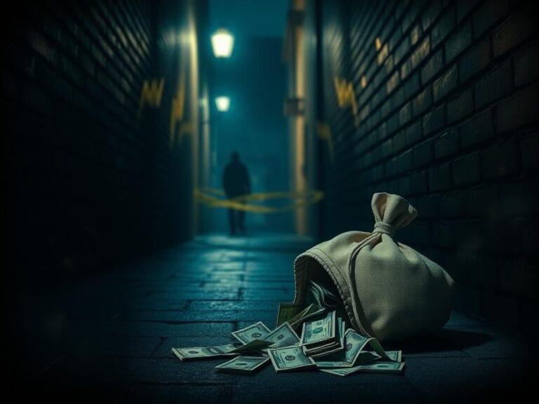 Flick International A dimly lit alleyway with a spilled money bag symbolizing financial schemes and danger