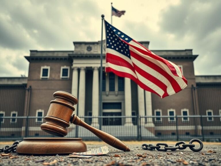 Flick International A dramatic scene in front of a federal prison with heavy iron bars and a gavel symbolizing judicial proceedings.