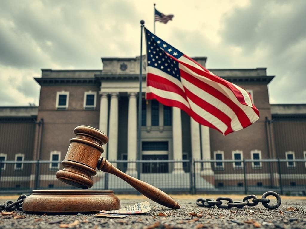 Flick International A dramatic scene in front of a federal prison with heavy iron bars and a gavel symbolizing judicial proceedings.