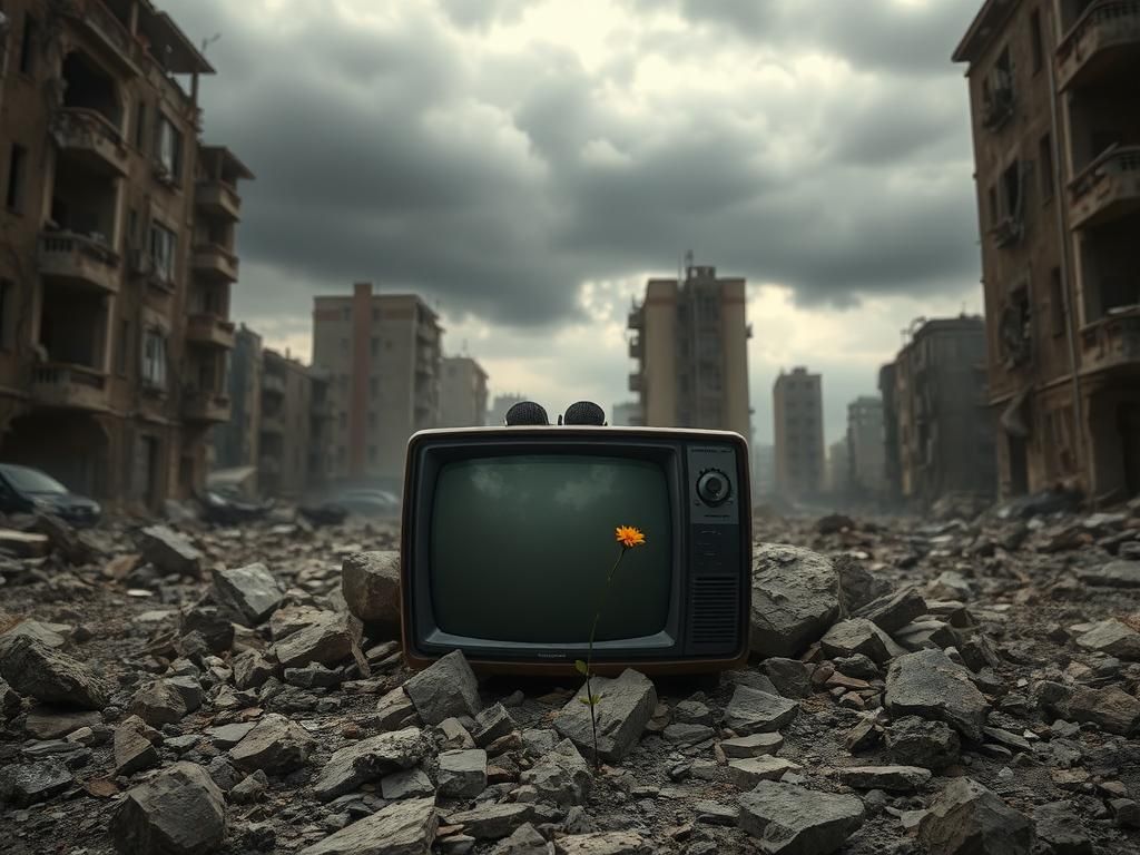 Flick International War-torn urban landscape with crumbling buildings and a faded television set symbolizing media impact