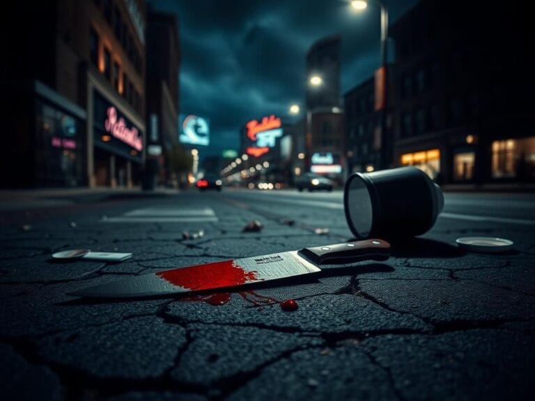 Flick International A foot-long kitchen knife on a dimly lit urban street