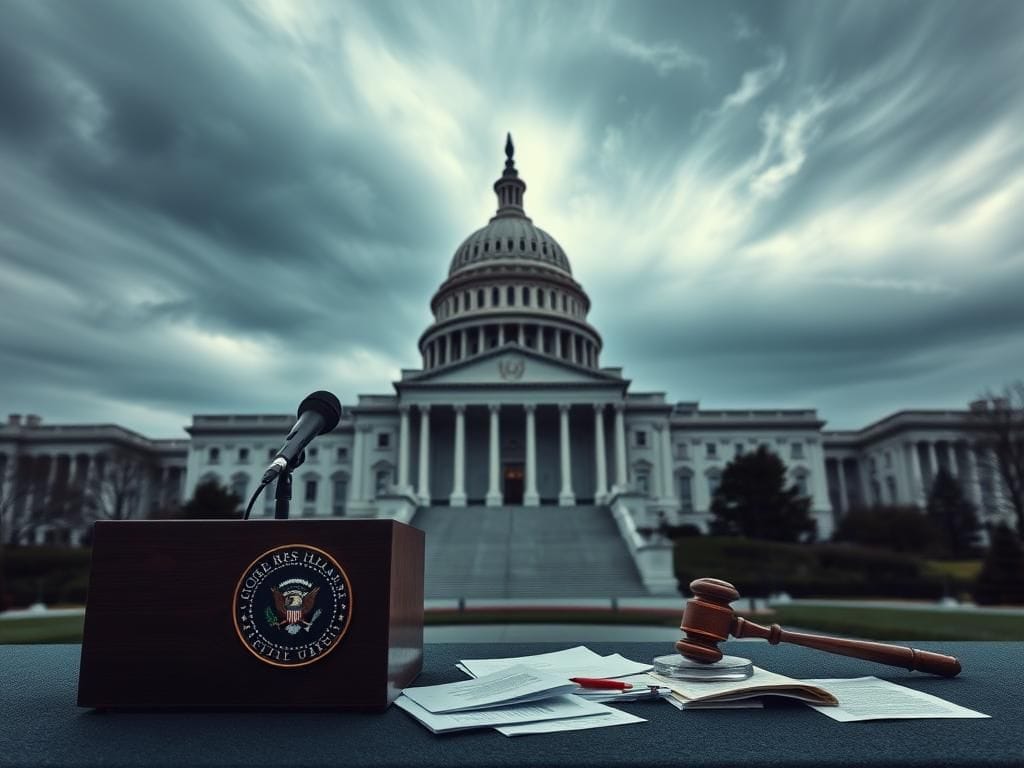 Flick International Image of the U.S. Capitol building under a cloudy sky with a press conference podium and documents, symbolizing political tension