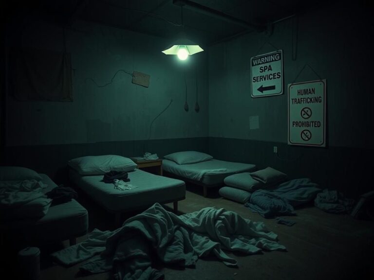 Flick International Dimly lit room resembling an illicit massage parlor linked to human trafficking