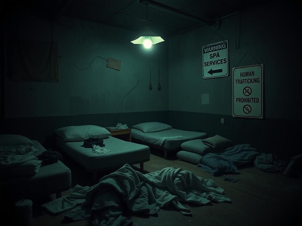 Flick International Dimly lit room resembling an illicit massage parlor linked to human trafficking