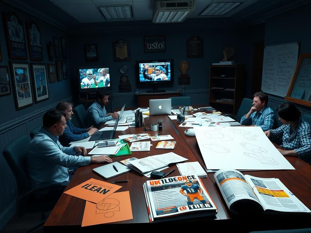 Flick International Meeting room cluttered with laptops and sports-related graphics designs