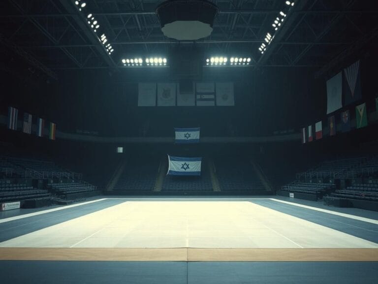 Flick International Empty sports arena with untouched gymnastics mat symbolizing the absence of Israeli athletes.
