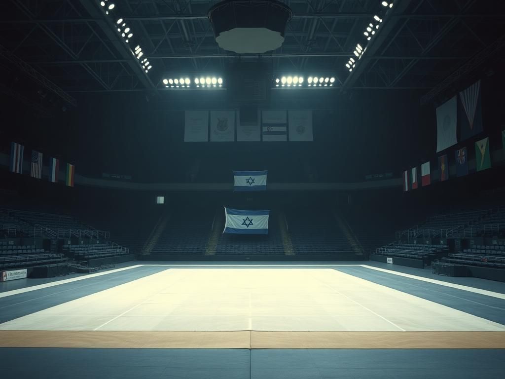 Flick International Empty sports arena with untouched gymnastics mat symbolizing the absence of Israeli athletes.