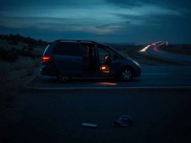 Flick International somber roadside scene depicting a parked rideshare vehicle with open doors and faint interior lights