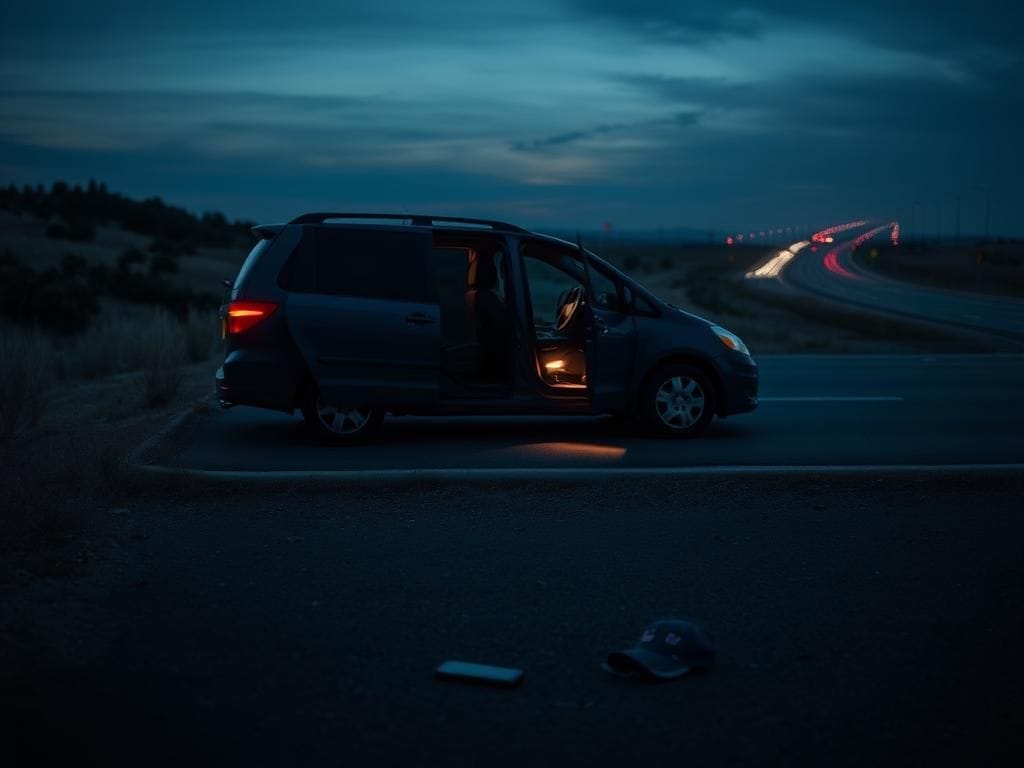 Flick International somber roadside scene depicting a parked rideshare vehicle with open doors and faint interior lights