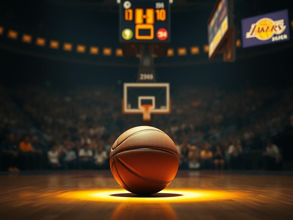 Flick International A dimly lit basketball court with a spotlight on a basketball, symbolizing LeBron James' legacy