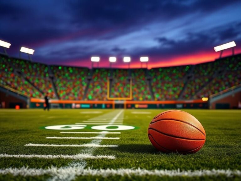 Flick International A dramatic sunset scene on a football field with the Miami Hurricanes logo and a discarded basketball symbolizing personal changes