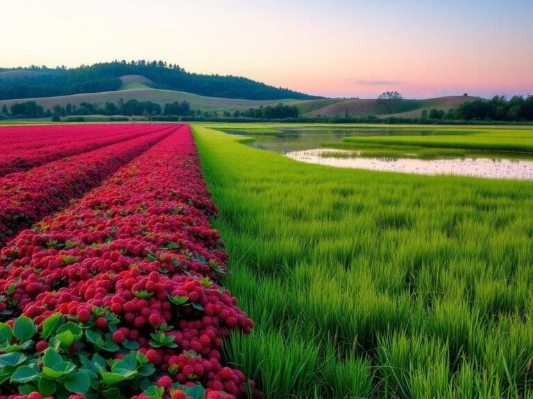 Flick International Serene landscape of a retired cranberry bog transitioning into a natural wetland with vibrant flora.