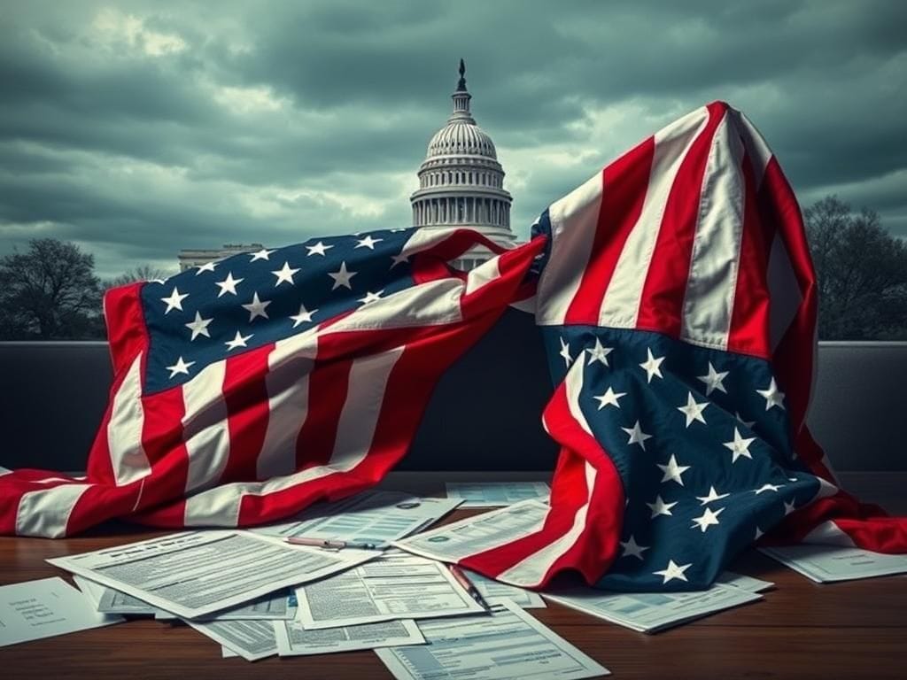 Flick International A fractured American flag draped over a table with healthcare documents symbolizing legislative conflict