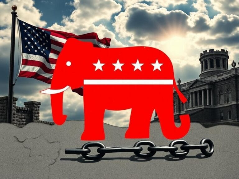 Flick International A collage depicting the evolution of the Republican Party with a red elephant and modern political symbols