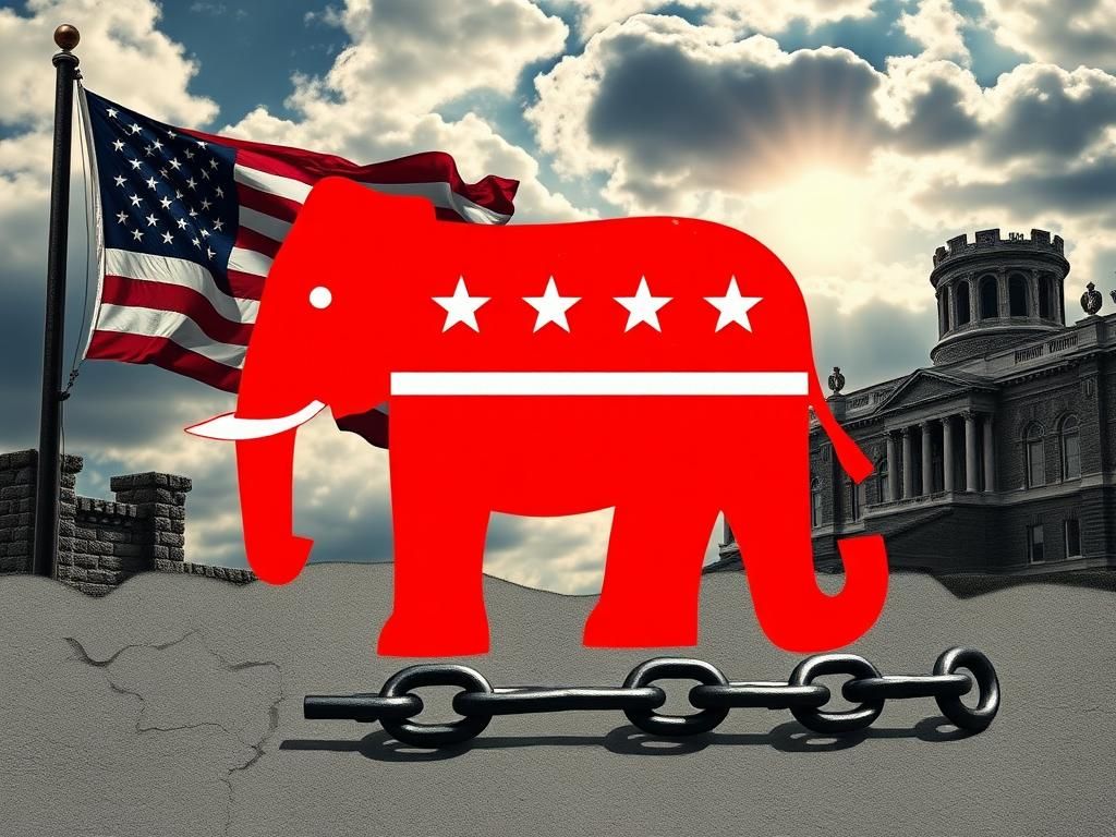 Flick International A collage depicting the evolution of the Republican Party with a red elephant and modern political symbols