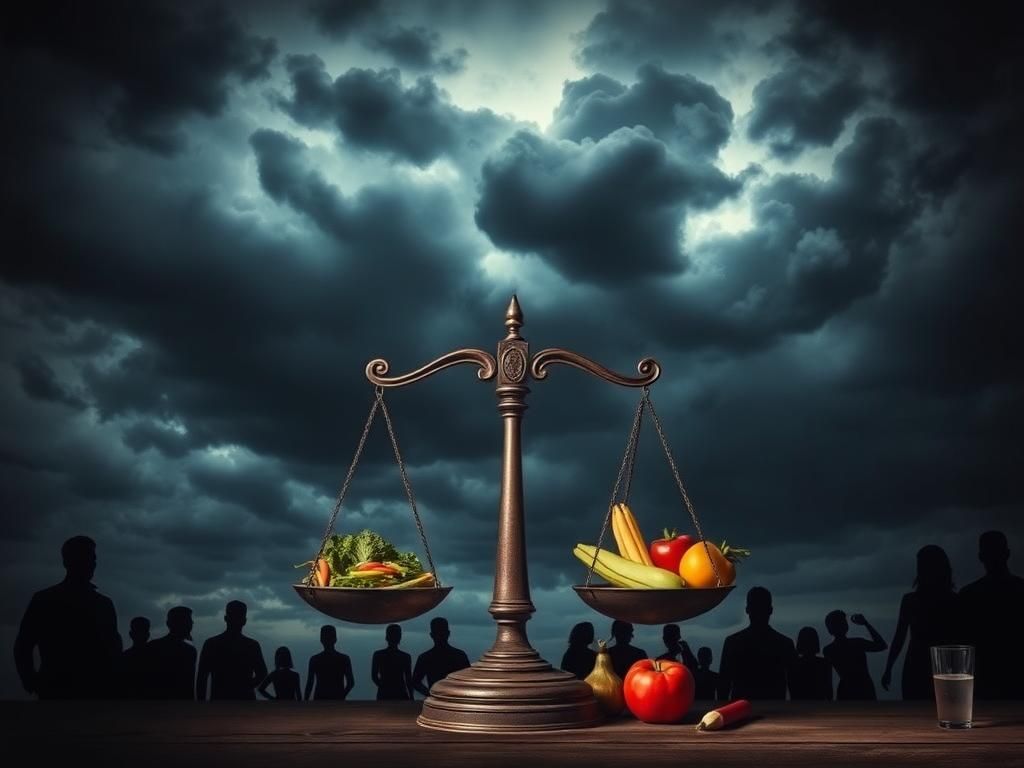 Flick International Abstract representation of political tension with a vintage-style scale weighing health and corrupted food ingredients