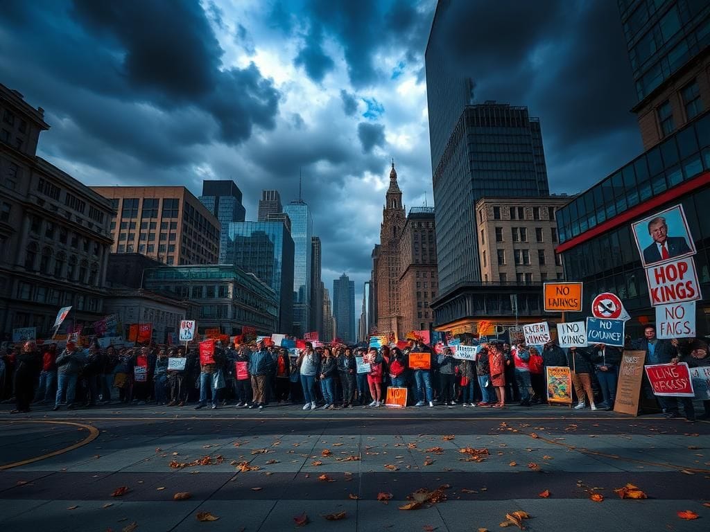 Flick International Dramatic urban scene of a city square filled with colorful protest signs against Trump amid a cloudy, tense atmosphere.