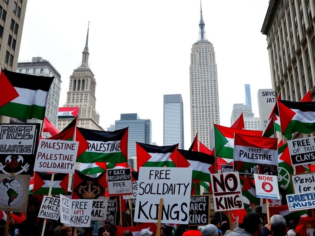 Flick International A vibrant protest scene with signs advocating for Palestinian solidarity in an urban setting
