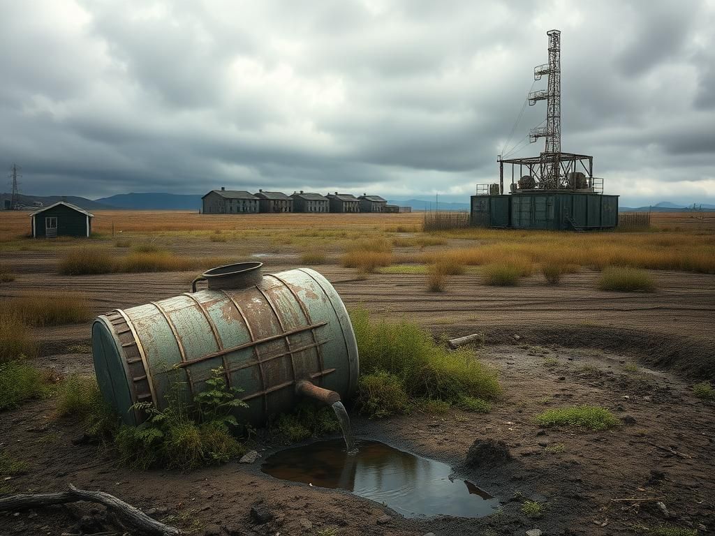 Flick International Abandoned military base with a weathered water tank and overgrown landscape