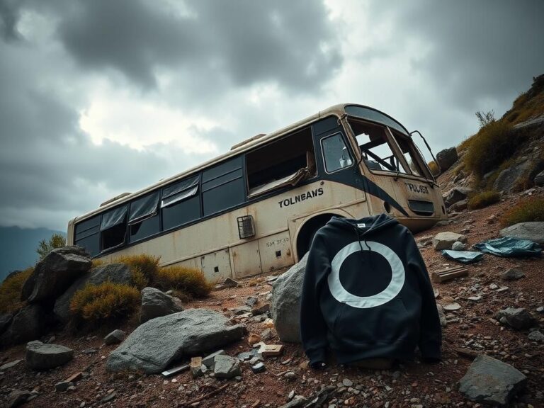 Flick International Overturned tour bus on a hillside surrounded by debris