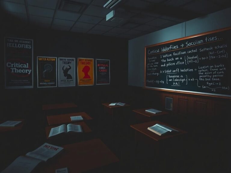 Flick International Dimly lit university classroom with ideological posters and disorderly desks