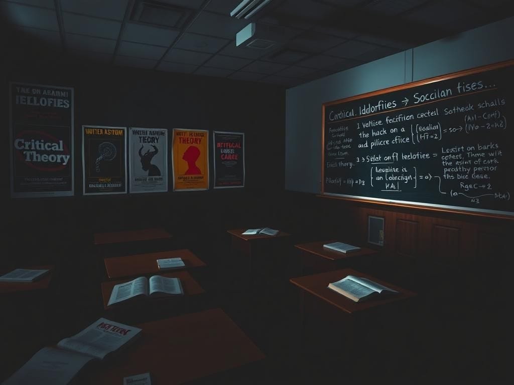 Flick International Dimly lit university classroom with ideological posters and disorderly desks