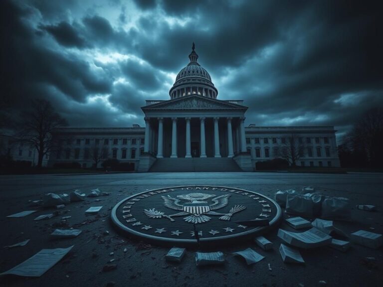 Flick International Empty government building in Washington, D.C. with cracked U.S. seal and stormy backdrop