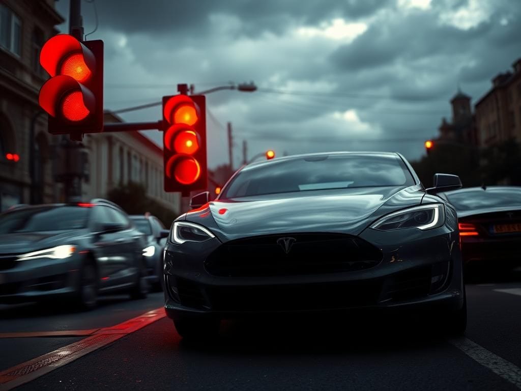 Flick International Close-up view of a Tesla vehicle at an urban intersection with a red traffic light