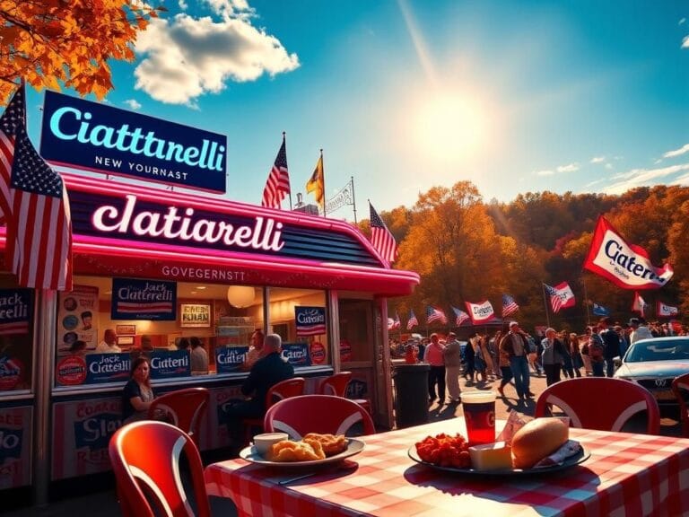 Flick International A vibrant diner scene in northern New Jersey with campaign posters for Jack Ciattarelli amidst autumn foliage