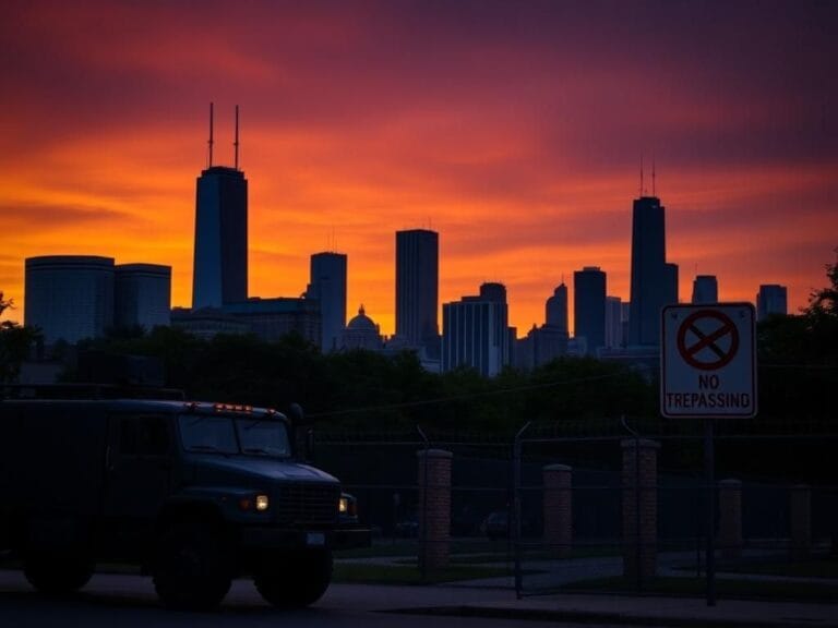 Flick International Dramatic Chicago skyline at dusk with military vehicle and federal facility.