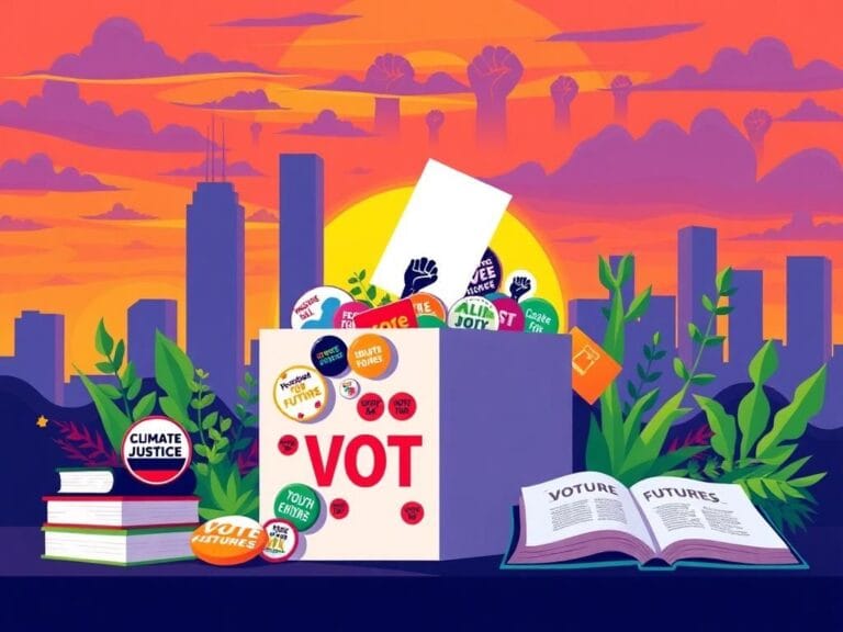 Flick International A vibrant voting ballot box filled with progressive movement buttons and stickers