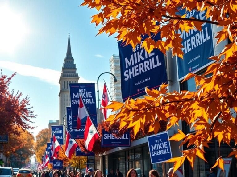Flick International A vibrant New Jersey campaign scene featuring election banners for Rep. Mikie Sherrill
