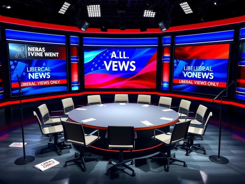 Flick International Empty circular table on a talk show set, symbolizing the absence of diverse political voices