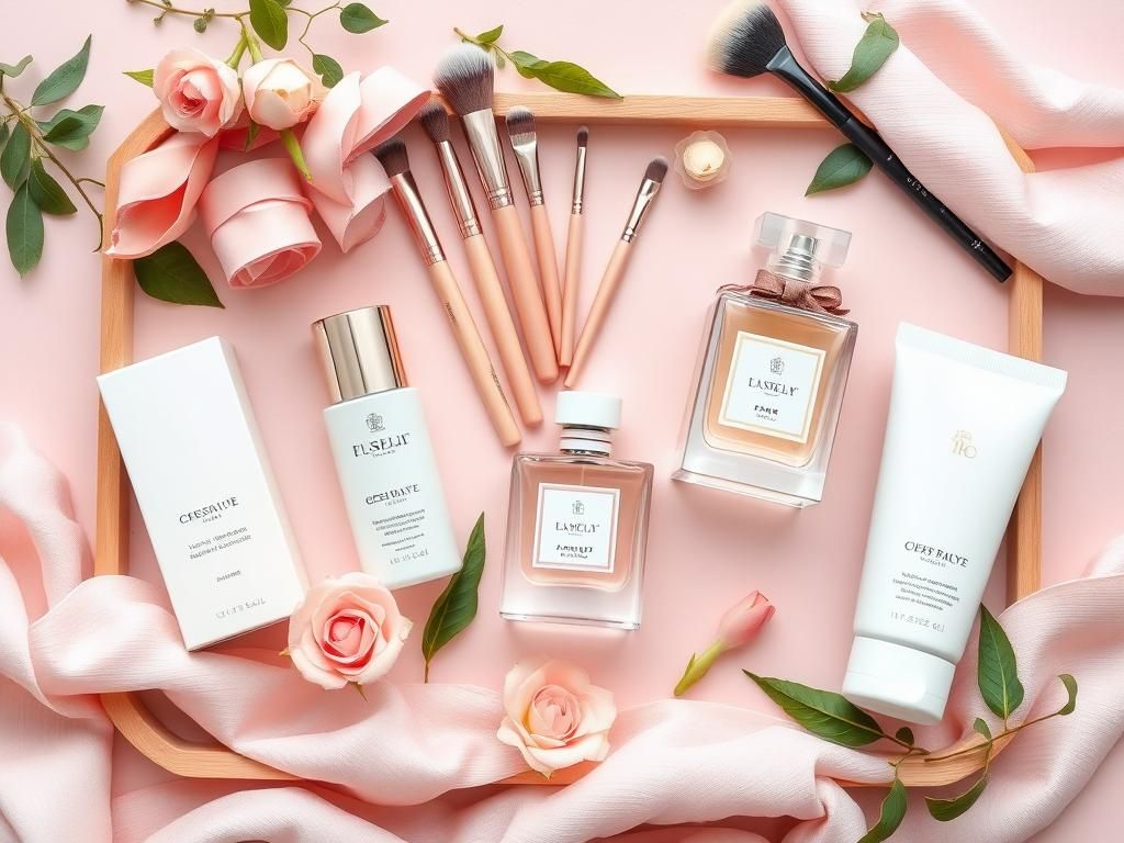 Flick International A beautifully arranged flat lay of luxurious beauty gifts, including skincare products, makeup brushes, and perfume.