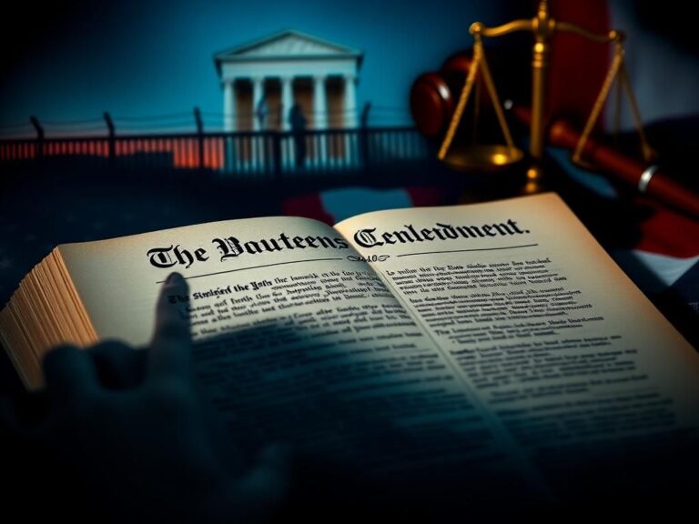 Flick International Close-up of the U.S. Constitution focusing on the Fourteenth Amendment with a gavel and scales of justice in the background