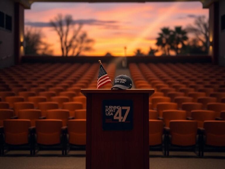 Flick International Serene university campus at dusk with an empty lecture hall and podium adorned with an American flag