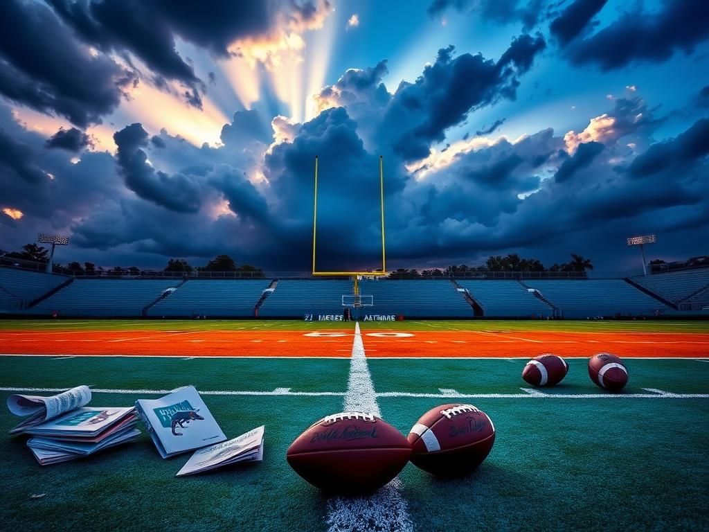 Flick International Empty football field with Miami Dolphins colors under dramatic twilight skies