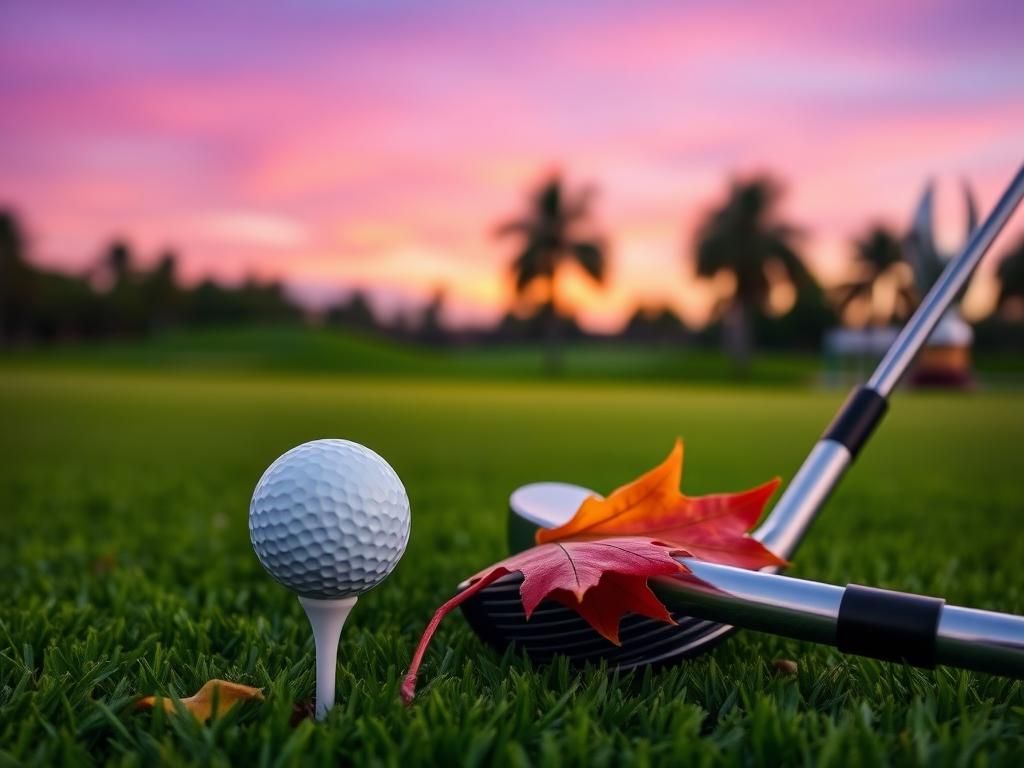 Flick International A golf tee with a white golf ball surrounded by autumn leaves at twilight