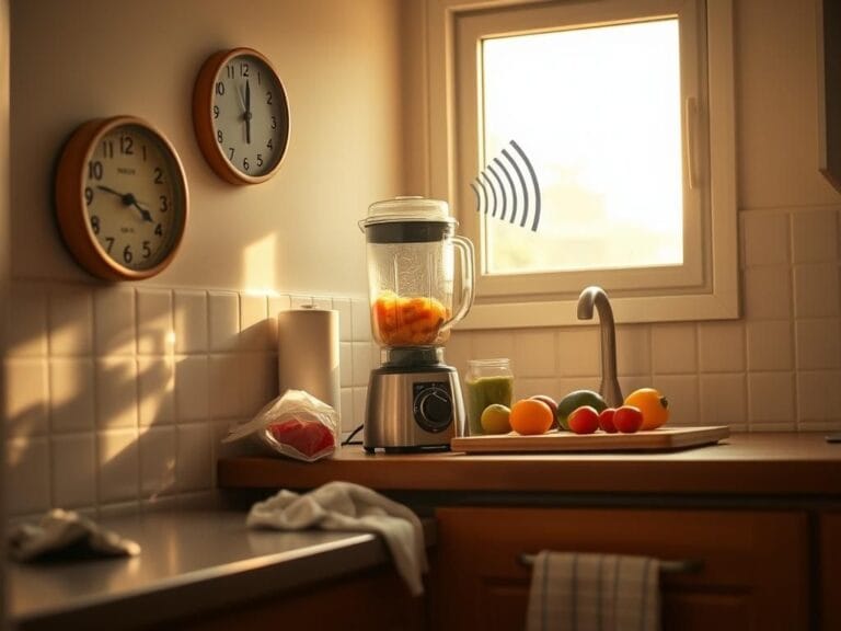 Flick International Early morning kitchen scene with blender and smoothie ingredients illustrating noise disruption