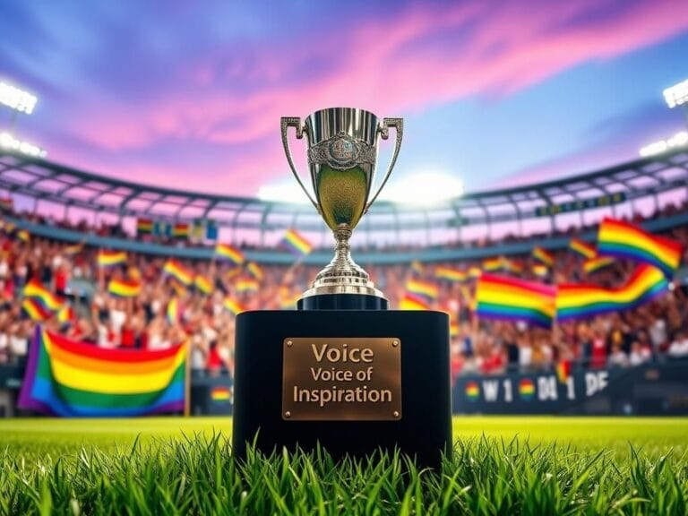 Flick International A vibrant outdoor scene at a stadium filled with rainbow banners during the Lia Thomas award event.