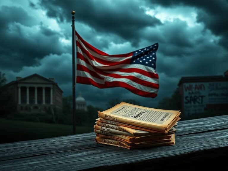 Flick International Dark stormy landscape symbolizing political turmoil with a crumpled American flag at half-mast