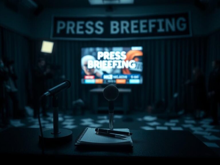 Flick International Chaotic press conference setting with microphone and notepad