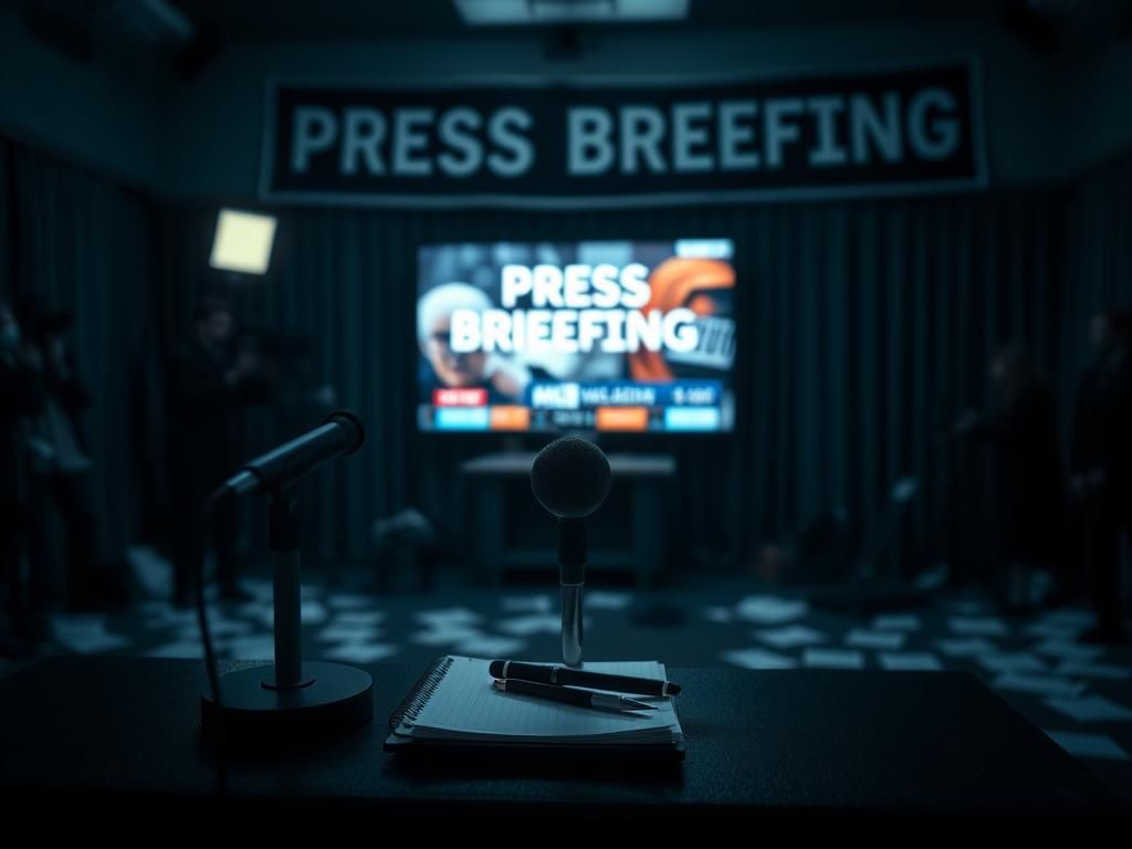 Flick International Chaotic press conference setting with microphone and notepad