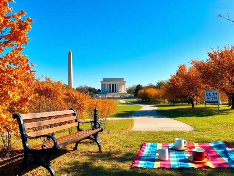 Flick International Vibrant scene of Washington D.C. showcasing the Washington Monument and Lincoln Memorial with autumn foliage.