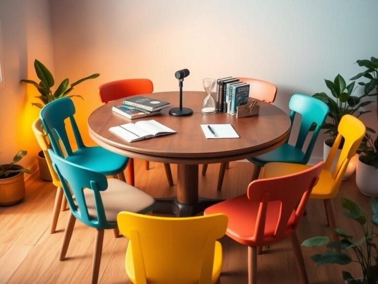 Flick International A round wooden table set in a cozy environment surrounded by colorful chairs, symbolizing diverse viewpoints.