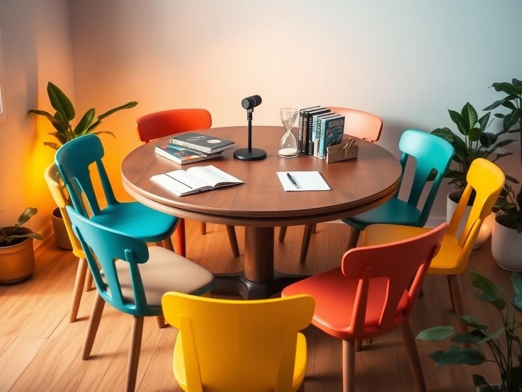 Flick International A round wooden table set in a cozy environment surrounded by colorful chairs, symbolizing diverse viewpoints.